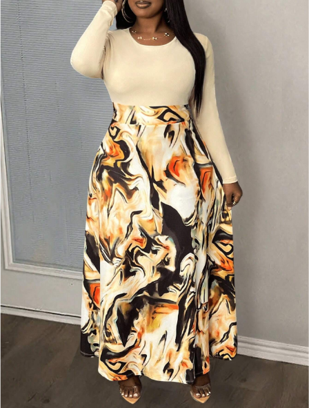 Chic Printed A-Line Round Neck Long Sleeve Dress