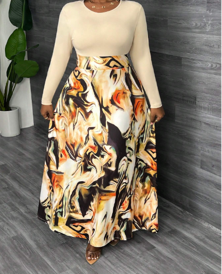 Chic Printed A-Line Round Neck Long Sleeve Dress - Image 4