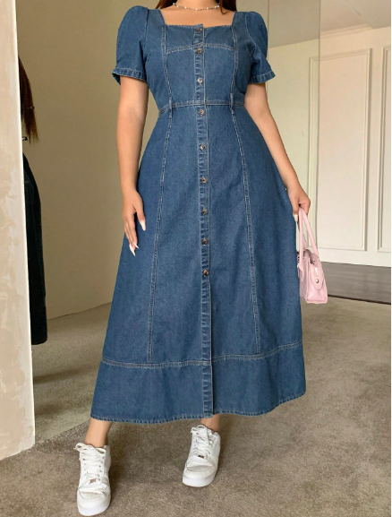 Trendy Curvy Square Collar Puff Sleeve Long Denim Dress