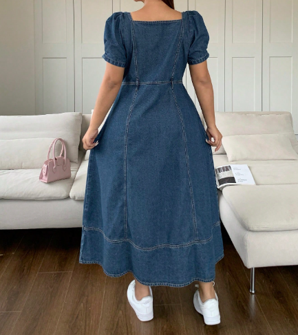 Trendy Curvy Square Collar Puff Sleeve Long Denim Dress - Image 3