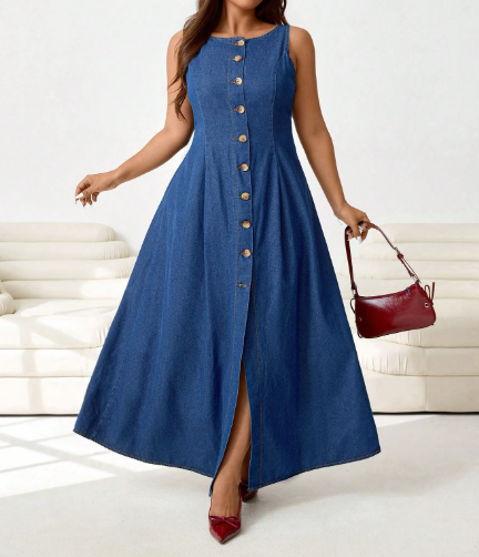 Curvy Fit Button Down Round Neck Denim Midi Dress