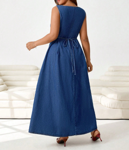 Curvy Fit Button Down Round Neck Denim Midi Dress - Image 3