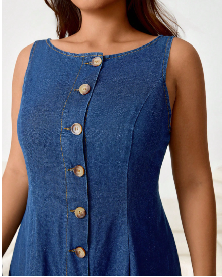 Curvy Fit Button Down Round Neck Denim Midi Dress - Image 4