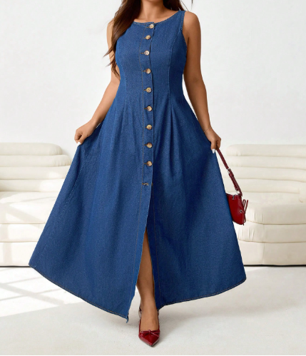 Curvy Fit Button Down Round Neck Denim Midi Dress - Image 5