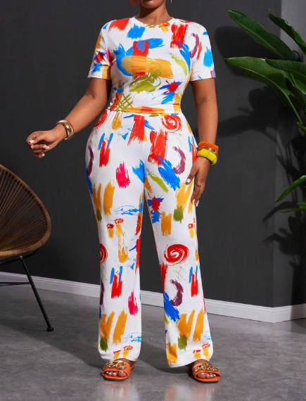 Cropped Brush Stroke Flare Pants Set