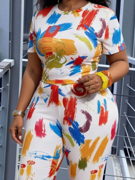 Cropped Brush Stroke Flare Pants Set - Image 4